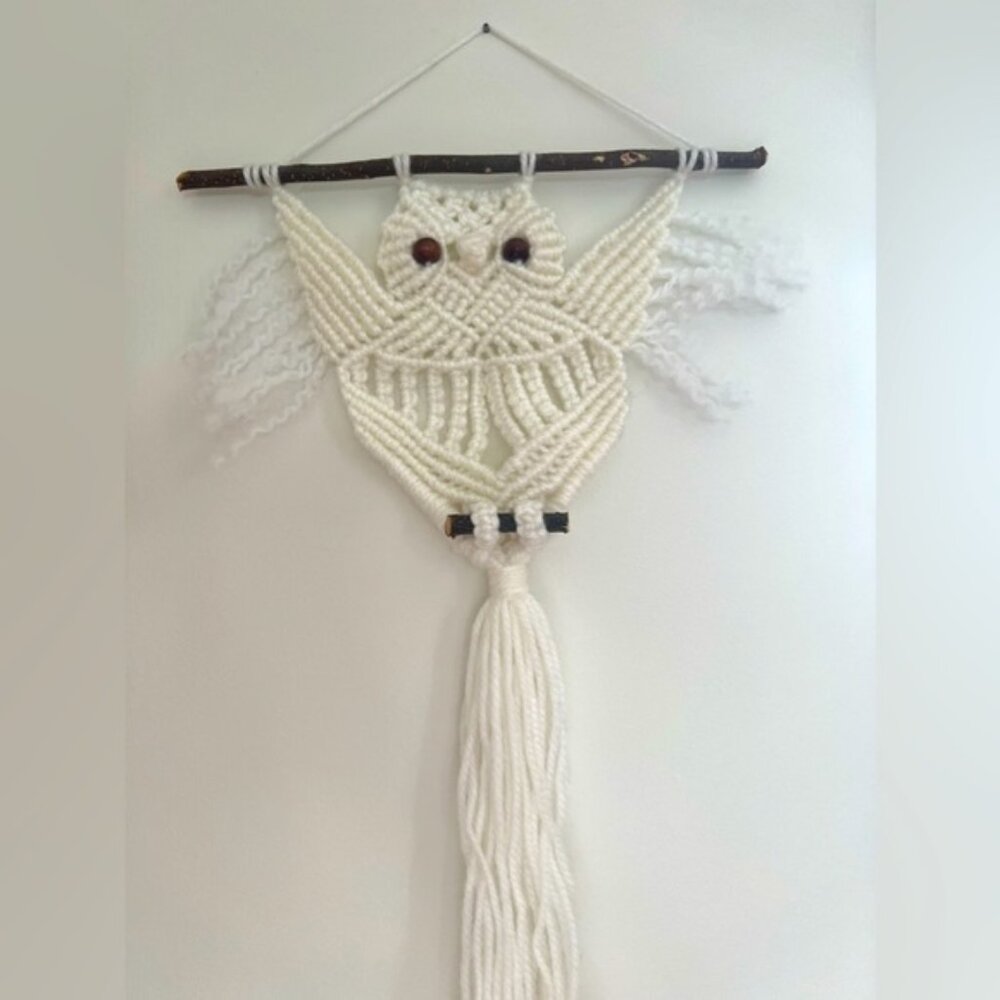 Handcrafted, macrame cord rustic tapestry stick. Adorable, owl  art